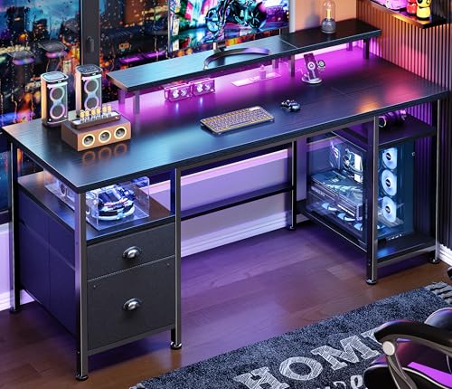 Furologee 51" Gaming Desk with Power Outlets & LED Lights, Reversible Computer Desk with File Cabinet & Monitor Stand for Home Office, Large Work Table with Storage Shelves & Drawer, Black - color: Black, size: 51 inch