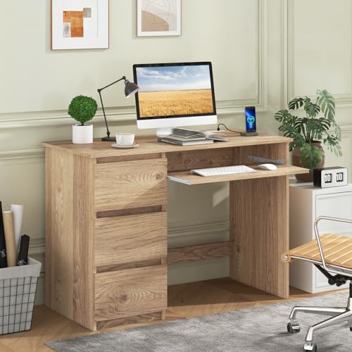 Tangkula Computer Desk with 3 Storage Drawers & Built-in Charging Station, Home Office Desk with Keyboard Tray, PC Desk Study Writing Desk, Vanity Table for Bedroom, Computer Workstation (Natural) - color: Natural