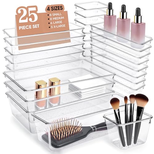 Clear Acrylic Drawer Organizers Set Storage for Makeup, Office Desk Small Vanity Trays for Drawer Bathroom Plastic Make up Organizers 25 Pcs - color: Clear