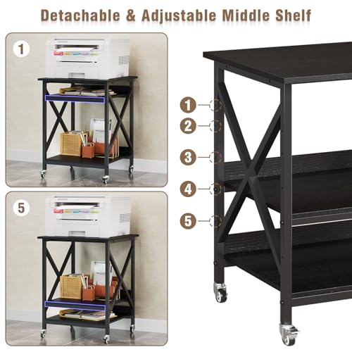 VENNQD 23.6 x 23.6 x 30.3 Inches Printer Stand, Large Printer Table with Adjustable Middle Shelf, Rolling Printer Cart with Wheels, 3 Tier Printer Table for Home Office Living Room Scanner Fax, Black - color: Black