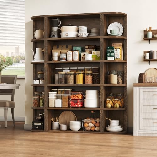 TVU 5-Tier Wood Book Shelf, 47" Wide Large Bookshelf and Bookcase, 62" Tall Bookshelf with Curved Side Shelves, Freestanding Wood Display Book Shelves for Living Room, Home Office, Walnut