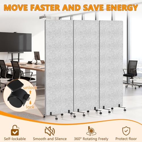 Soundproof Room Divider with Wheels, 66in Acoustic Room Divider Panel, 3 Panel Office Partition Wall for Noise Cancelling, Portable Temporary Wall Cubicle Divider (Light Grey) - color: Light Grey