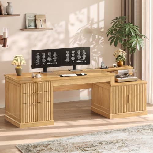 SEDETA 70.9" Executive Desk, Fluted Office Desk with Drawers, Fluted Oak - color: Fluted Oak, size: 70.9" Executive Desk