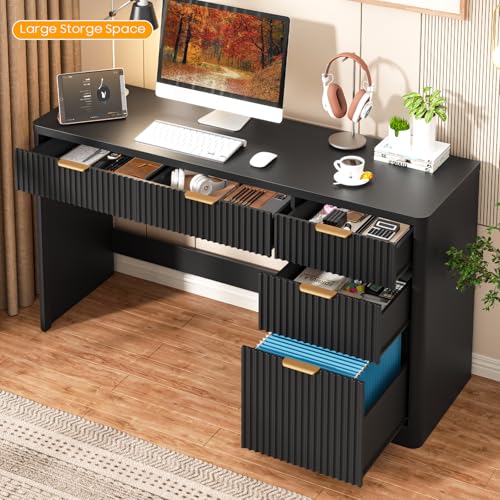 Vabches 59" Fluted Executive Desk with Adjustable File Drawer, Pure Black | Workstation,Computer Desk with 4 Storage Drawers, for Home Office, Study, Writing