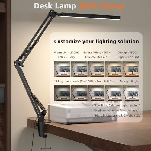 Upgrade Swing Arm LED Desk Lamp with Clamp, 80 LED Beads, 5 Color Modes & 11 Brightness Levels, 360° Adjustable Arm, Eye-Caring Light CRI95, Timer & Memory Function, for Office, Study, Crafting - color: Clip-Black