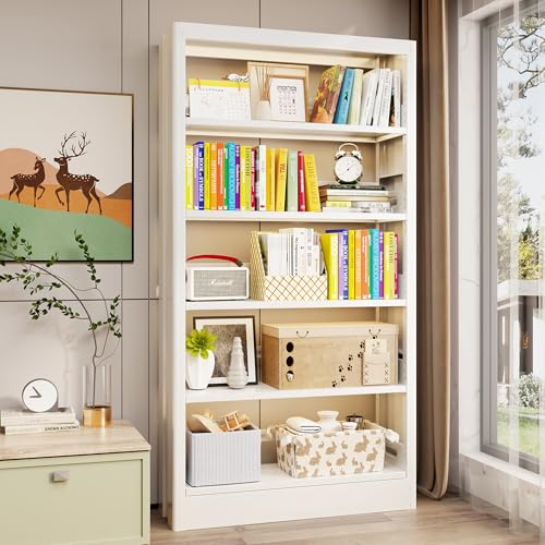 5-Tier Adjustable Bookcase, Heavy Duty Bookshelf with Book Stopper, Metal Bookcase for Library, Office, Living Room - color: White