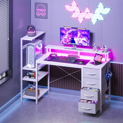 51in Gaming Computer Desk with Drawers & Power Outlet & LED Lights, White - color: White, size: 51''