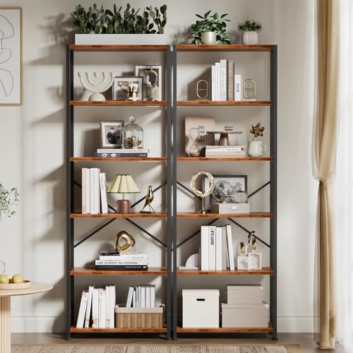 Furologee 6 Tier Book Shelf, Tall Wide Bookshelf, Industrial Open Bookcase, Display Shelves Storage Organizer, Shelving Unit for Living Room, Home Office, Bedroom, Rustic Brown | 20'' Wide Industrial Storage Shelves with X Crossbar, Shelving Units for Bed