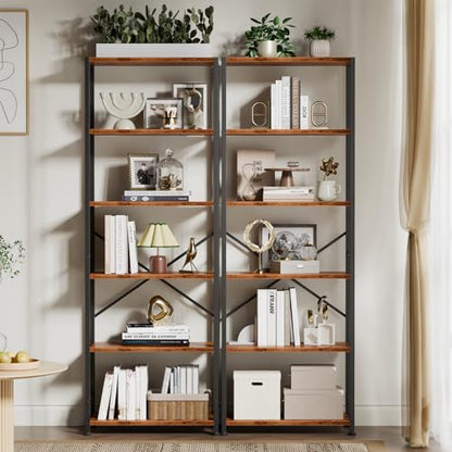 Furologee 6 Tier Book Shelf, Tall Wide Bookshelf, Industrial Open Bookcase, Display Shelves Storage Organizer, Shelving Unit for Living Room, Home Office, Bedroom, Rustic Brown | 20'' Wide Industrial Storage Shelves with X Crossbar, Shelving Units for Bed