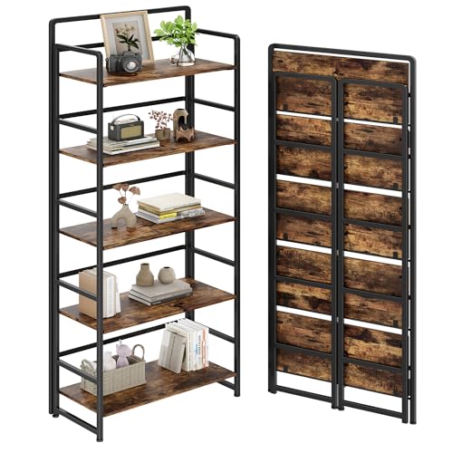 Folding Bookshelf 5 Tiers,No Assembly,Vintage Wood Storage,Rustic Brown | Vintage Wood Collapsible Portable Bookcase,Foldable Storage Rack,Organizer for Living Room, Bedroom, Home Office - color: Rustic Brown, size: 5-tier
