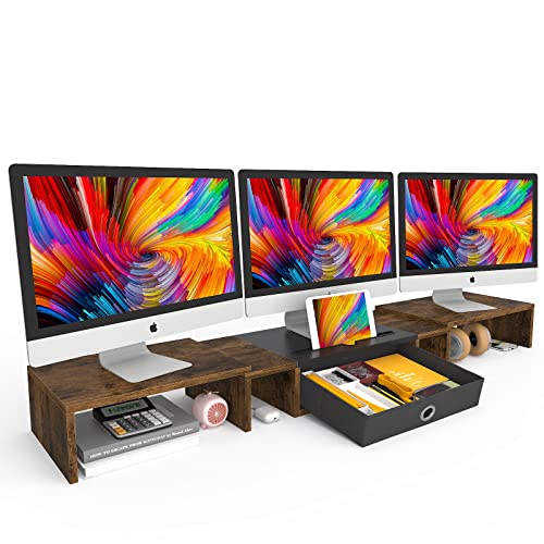 WESTREE Triple Dual Monitor Stand Riser with Drawer,Extra Large Adjustable for 2~3 Monitors,Solt for Phone & Tablet, Desktop Organizer Stand for Computer,Laptop,Printer,TV - size: Large-brown