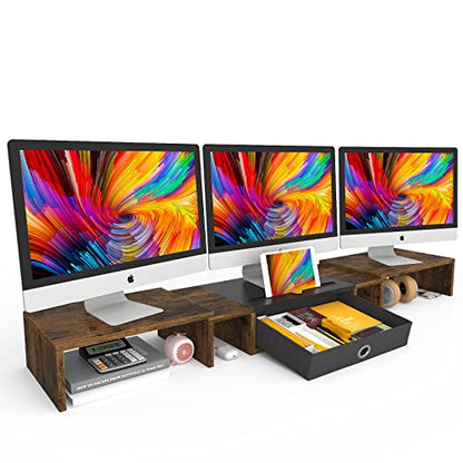 WESTREE Triple Dual Monitor Stand Riser with Drawer,Extra Large Adjustable for 2~3 Monitors,Solt for Phone & Tablet, Desktop Organizer Stand for Computer,Laptop,Printer,TV - size: Large-brown