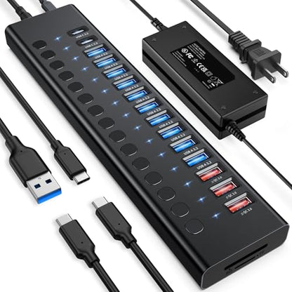 VANGREE Powered USB Hub 10Gbps, 17 Ports USB 3.2 Hub, 96W Power Adapter - color: Black