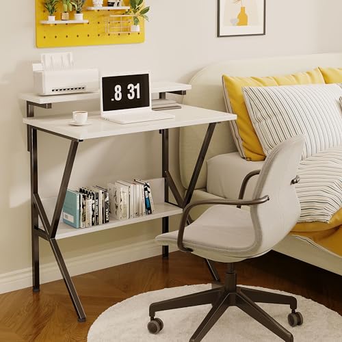 COTUBLR Small Desk, Small Computer Desk for Spaces, 27.5 Inch Computer Desk with Adjustable Monitor Stand, Compact Desk with Storage for Bedroom Home Office, White Tabletop+Black Frame - color: White Tabletop+black Frame