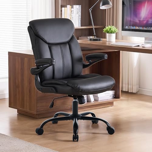 Ergonomic Home Office Chair PU Leather Comfy Computer Chair, Black | Flip-up Armrest, Height Adjustable, Lumbar Support, 360° Swivel Wheels Managerial Executive Chairs for Work Gaming Home Use - color: Black