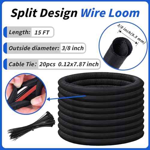 15ft - 3/8in Split Braided Sleeve Cable Management, Self-Wrapping | Flexible loom tubing protects wires from abrasion and heat. Great for automotive, TV, computer, and home electrical use. - size: 3/8inx15ft