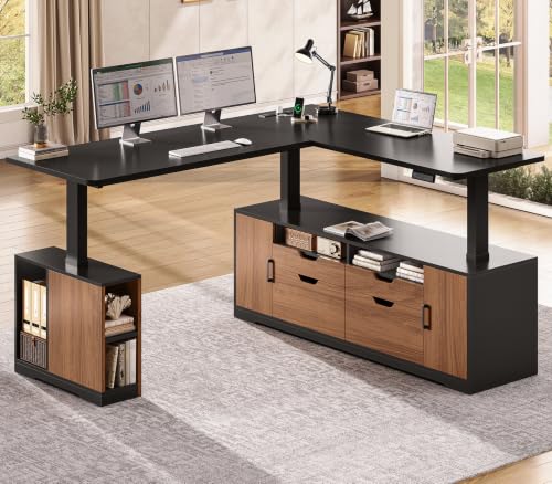 SEDETA Modern L Shaped Executive Electric Standing Desk with 4 Drawers | 69" x 55" Height Adjustable Office Desk with Storage Shelves, Power Outlet, Sit Stand Computer Desk, Black and Brown - color: Modern Black+ Brown
