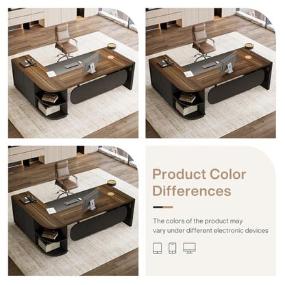 Tribesigns 81-Inch L-Shaped Office Desk, Large Commercial Office Desk with Drawers and File Cabinet, Modern Professional Business Furniture Workstations with Storage Shelves, Brown & Black - color: Brown & Black