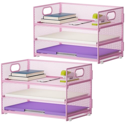 Marbrasse 3 Tier Paper Organizer Letter Tray, Mesh File Organizer with Handle, Paper Sorter Desk Organizer for Home Office Supplies - 2p Pink - color: Pink - 2p