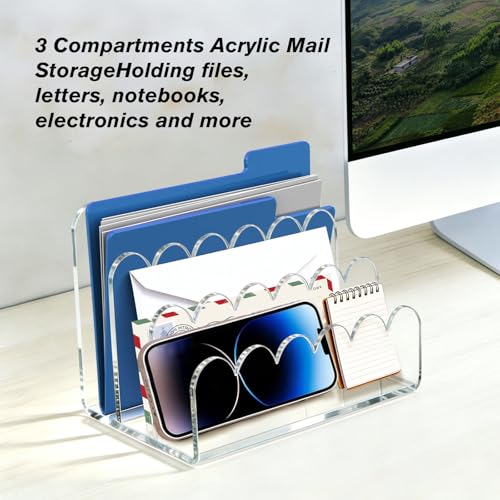 3 Compartments Acrylic Mail Organizer, Vertical File Sorter & Scalloped Desk Organizer for Letters, Envelopes, Bills, Stationery, Mail Holder for Office and Home
