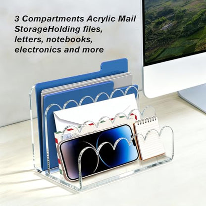3 Compartments Acrylic Mail Organizer, Vertical File Sorter & Scalloped Desk Organizer for Letters, Envelopes, Bills, Stationery, Mail Holder for Office and Home