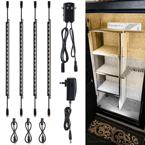 TORCHSTAR 4pcs 12 Inch LED Safe Lighting Kit, Motion Sensor, 3CCT | UL Power Adapter, Input 100-240V, Linkable Gun Safe Light Bars, 600LM, for Under Cabinet Locker Closet, 3000K/4000K/5000K - color: 3CCT