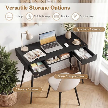 GIANTEX Mid Century Modern Computer Desk with Drawers, 42.5" Writing Desk with Open Storage Cubby, Vanity Table with Metal Leg, Compact Wooden Study Table for Small Spaces Home Office (Black) - color: Black