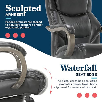 La-Z-Boy Delano Big and Tall Executive Office Chair - Ergonomic Lumbar Support Memory Foam - Bonded Leather Desk Chair for Home Office - Weathered Grey Wood Arms - Black - color: Black With Weathered Gray Wood