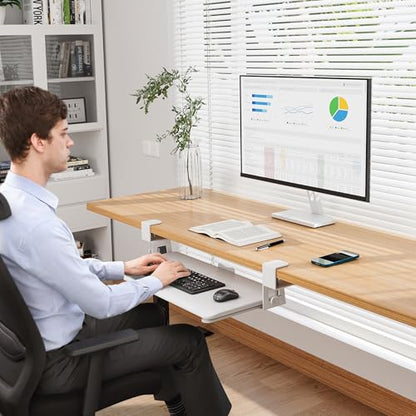 BONTEC Under Desk Keyboard Tray, Pull-Out Keyboard & Mouse Platform | C-Clamp Mount, Space-Saving Ergonomic Slide-Out Drawer, 31.3 in Including Clamps, 25.6 x 11.8 in Tray, White - color: White, size: 25.6" x 11.8"