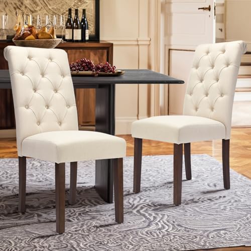 COLAMY Tufted Dining Chairs Set of 2, Accent Parsons Diner Chair Upholstered Fabric Stylish Kitchen Chairs with Solid Wood Legs and Padded Seat, Beige - color: Beige, size: set of 2