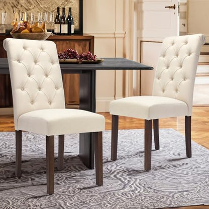 COLAMY Tufted Dining Chairs Set of 4, Accent Parsons Diner Chair Upholstered Fabric Stylish Kitchen Chairs with Solid Wood Legs and Padded Seat, Beige - color: Beige, size: set of 4