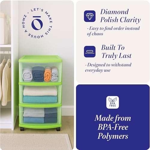 HOMZ Drawer Tower, 3-Tier Storage Cart with Removable Wheels, Bold Lime - color: Bold Lime, size: 1 Pack