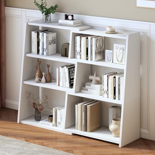 IOTXY Wooden Extendable Shelf Bookcase, 3-Tier Low Bookshelf, White, S | Adjustable Two-piece Design, 6 Open Cubbies, Extends 23.6"-43.3" for Straight Walls, Corners, and Small Spaces - color: White, size: Small