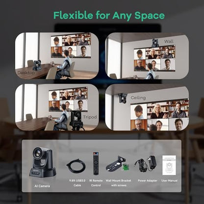 TONGVEO PTZ Camera AI Auto Tracking 12X Optical Zoom Conference Room Camera Wide View HDMI/USB3.0 60fps 1080P Video Conference for Church Worship Meeting Online Learn with Zoom YouTube OBS and More - color: Phantom