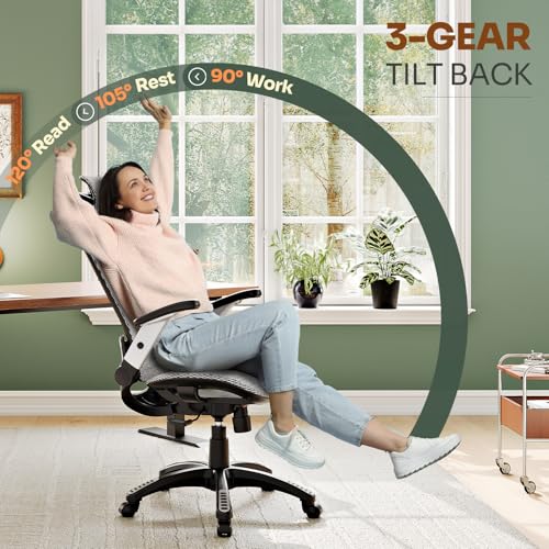 GABRYLLY Ergonomic Office Chair, High Back Home Desk Chair with Headrest, Flip-Up Arms, 90-120° Tilt Lock and Wide Cushion, Big and Tall Mesh Chairs for Man Woman, Grey Task Chair - color: Grey