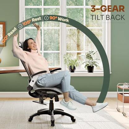 GABRYLLY Ergonomic Office Chair, High Back Home Desk Chair with Headrest, Flip-Up Arms, 90-120° Tilt Lock and Wide Cushion, Big and Tall Mesh Chairs for Man Woman, Grey Task Chair - color: Grey