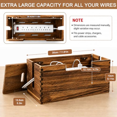 Acacia Wood Cable Management Box, Wooden Cord Hider Organizer for Power Strip, Electrical Hiding, TV Wires, Desk & Floor Cables, Under Desk Cable Organizer for Home Office
