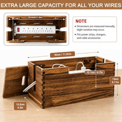 Acacia Wood Cable Management Box, Wooden Cord Hider Organizer for Power Strip, Electrical Hiding, TV Wires, Desk & Floor Cables, Under Desk Cable Organizer for Home Office