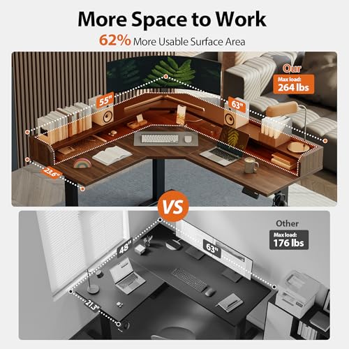 Agilestic 63 Inch L Shaped Electric Standing Desk with Shelf, Dark Walnut - color: Dark Walnut, size: 63x55 Inch Pro