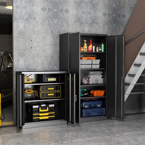 Black Metal Storage Cabinet with Door, Locking Steel Cabinet with 4 Adjuestable Shelves, Tall Lockable Garage Tool Storage Cabinet for Home, Office, Pantry, Assembly Required - size: 35.43" W x 17.71" D x 70.87" H