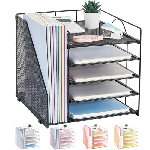 LEKETREE Desk Organizers and Accessories, 5-Tier Paper Letter Tray Organizer with File Holder, Desktop Organizer for Office Supplies (Black) - color: Black, size: 12" x 12" x 12"