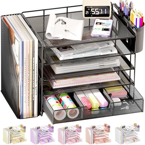 OPNICE Desk Organizer, 5-Tier Desktop File Organizer with Drawer and Pen Holders, Office Desk Accessories, File Sorters, Workspace Organizers for Office Supplies(Black) - color: Black, size: 5T