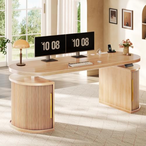 SEDETA 57" Standing Desk with Storage, Electric Height Adjustable Executive Fluted Desk with Curved Cabinets, Computer Desk with Power Strip for Home Office, Light Oak - color: Light Oak, size: 57" Standing Desk