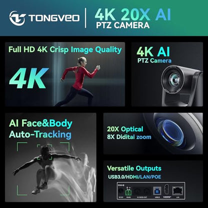 TONGVEO 4K AI PTZ Camera with Auto Tracking and 20X Optical Zoom, Conference Room Webcam with HDMI/USB3.0/LAN/PoE, Ideal for Church Worship, Zoom Meetings, Live Streaming and Education - color: Coal