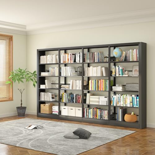 5-Tier Black Bookshelf, Metal with Adjustable Storage Shelves, Freestanding Bookcases and Bookshelves, Wide Bookshelf for Home Office, Living Room, Including Book Stopper - color: Black, size: 69"H*136"W