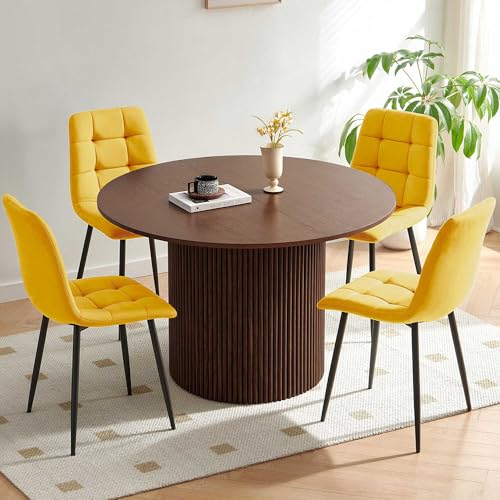 Homedot Dining Table Set for 4, Modern Mid Century Round Kitchen Table with 4 Seated Dining Side Chairs Upholstered, Walnut Wooden Dining Reception Table Set with Yellow Velvet Chairs - color: Yellow, size: 1* Walnut Color Table+4*Chair