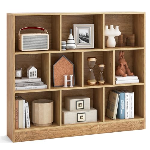 Tangkula 10-Cube Bookshelf, 47.5”L Floor Bookcase with 2 Anti-Tipping Kits, Freestanding Storage Organizer, 4-Tier Display Shelf for Home, Office & Dorms (Natural, 10-Cube) - color: Natural, size: 10-Cube