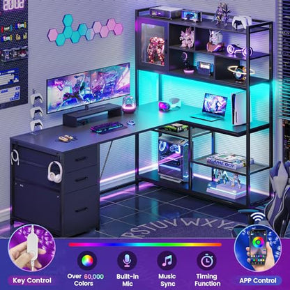SEDETA 58'' L Shaped Computer Office Desk with 3 Drawers and Bookshelf - color: Black
