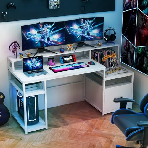 Tangkula Computer Desk with Power Outlets, 66” Computer Workstation with Monitor Stand, CPU Stand, Printer Shelf & File Drawer, Writing Table Gaming Desk for Home Office (White)