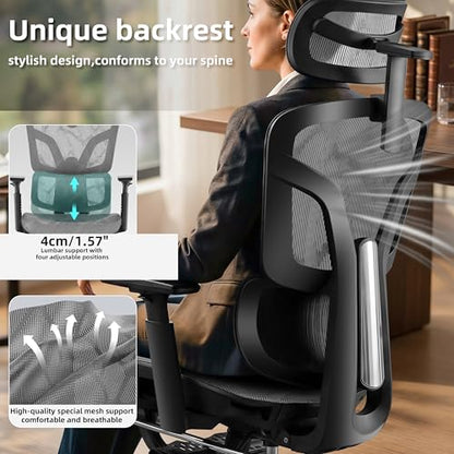 Ergonomic Office Chair with Footrest 4-Level Adjustable Lumbar Suppor - color: Black-deep Gray